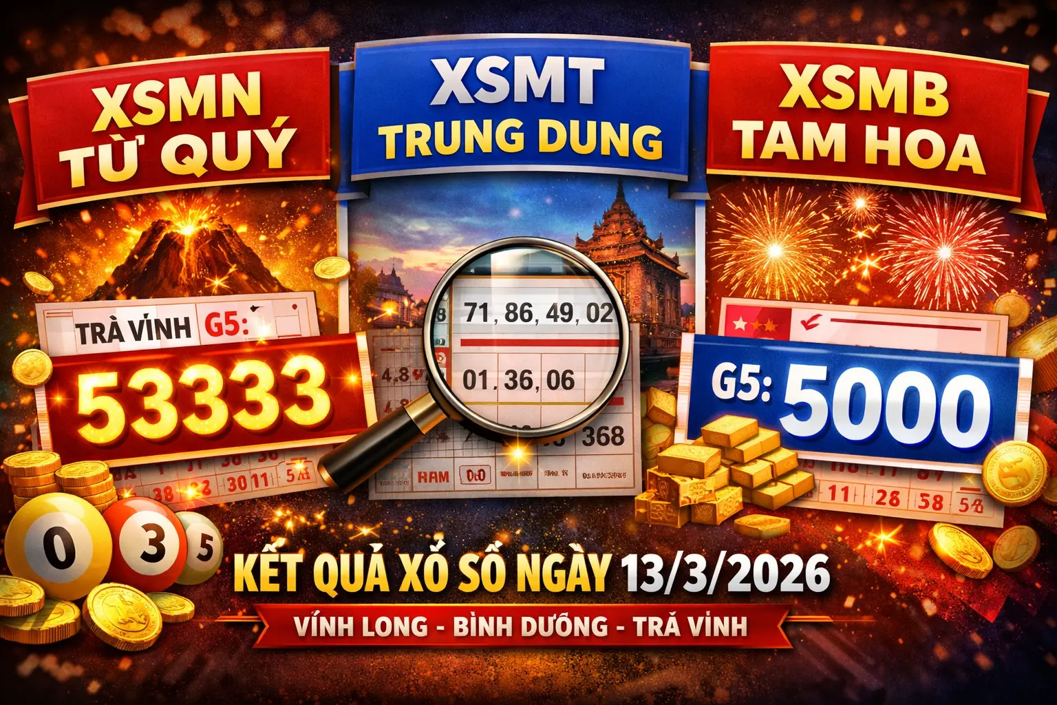 XSMN xuất hiện tứ quý, XSMB xuất hiện tam hoa, XSMT trung dung ngày hôm nay – Kết quả xổ số 13/3/2026 gây chú ý